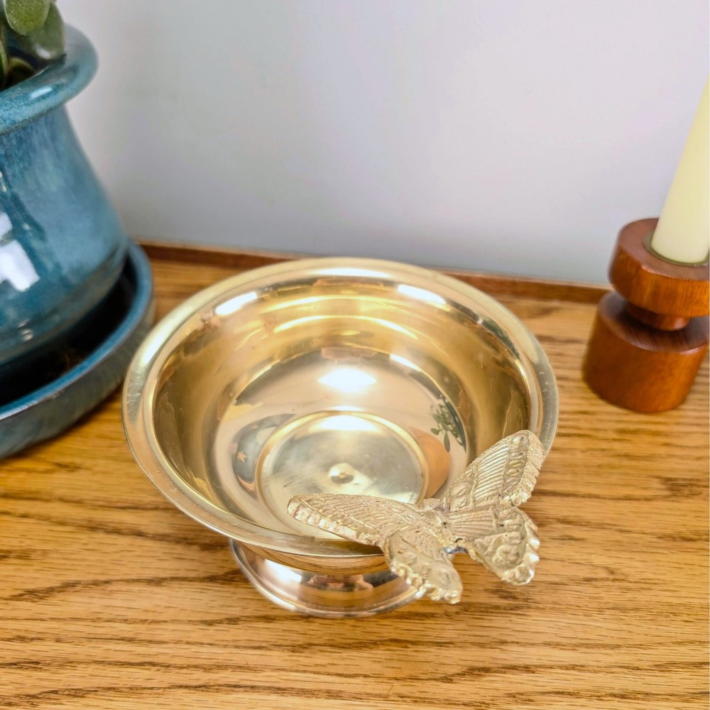 Vintage Butterfly Pedestal Bowl Solid Brass Hand Made in India Decorative Decor